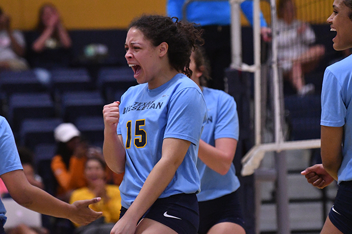 Sahsa Robinson celebrates a point during the SAC tournament quarterfinal win over Wayland Baptist